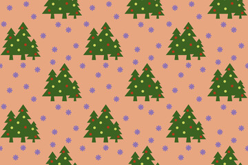 pattern. Image of green Christmas trees with balls and snowflakes on pastel red orange backgrounds. Symbol of New Year and Christmas. Template for application to surface. 3D image. 3d rendering