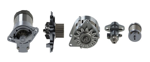 Fototapeta premium Automotive electric spare parts 3D rendering isolated on white
