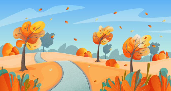Golden trees with falling leaves in the park at blowing wind. Fall foliage season landscape cartoon vector illustration. Autumn sunny windy day weather concept.