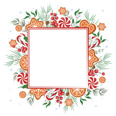 Fototapeta na wymiar Christmas background frame decorated with different winter plants, cookies and sweets, copy space. Vector illustration