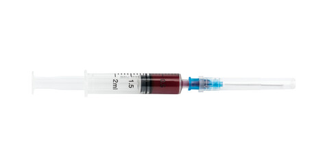 Fototapeta premium A syringe with blood for a blood test. Medical syringe with dark liquid. Drugs. Vitamins. Medicines.