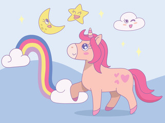 Cute unicorn walking on clouds with rainbow and moon, star in the sky. Vector design illustration.