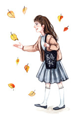 A girl in a school uniform catches autumn leaves for a walk.
