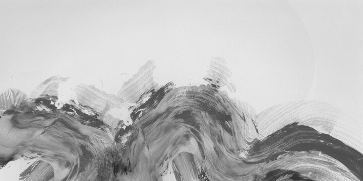 Fondo abstracto pintado a mano con textura de tinta china, aspecto etéreo, en colores grises con aire oriental, japones. Formas de ondas en la zona inferior. Banner con espacio para texto