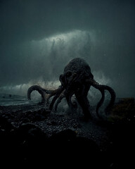 sea ​​shore with giant octopus, fantasy image, nightmare, sunset beach with sea monster © Inmaculada
