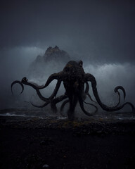 Tentacle, sea ​​shore with giant octopus, fantasy image, nightmare, sunset beach with sea...