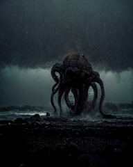 sea ​​shore with giant octopus, fantasy image, nightmare, sunset beach with sea monster