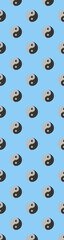 pattern. Image of Yin Yang symbol on pastel blue backgrounds. Symbol of opposite. Surface overlay pattern. Vertical banner for insertion into site. 3D image. 3D rendering.