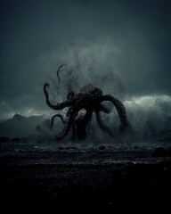 sea ​​shore with giant octopus, fantasy image, nightmare, sunset beach with sea monster