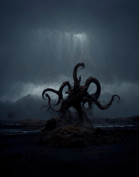 sea ​​shore with giant octopus, fantasy image, nightmare, sunset beach with sea monster
