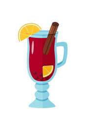 Mulled wine in a glass with orange slices, cinnamon cloves and anise. Christmas hot drink. Vector illustration cartoon style.