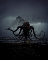 Evil, sea ​​shore with giant octopus, fantasy image, nightmare, sunset beach with sea monster