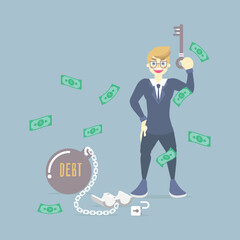 happy businessman holding key, use it to unlock key pad chain from steel metal ball, with falling money, financial, debt concept, flat vector illustration cartoon character design clip art