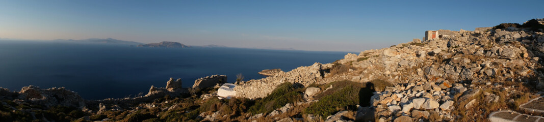 Panoramic view of the Aegean Sea and ancient ruins of the fortification of Paleokastro in Ios Greece