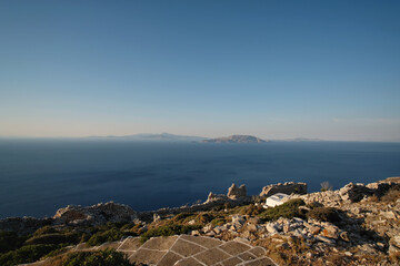 Panoramic view of the Aegean Sea and ancient ruins of the fortification of Paleokastro in Ios