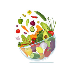 Fresh vegetables, salad, organic food, natural products, online food ordering, recipes. Vector illustration for poster, banner, website, flyer, advertising, menu