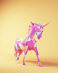 Unicorn Made from Pink Blue Purple Triangles Mythical Fantasy Creature Cool Studio Fun with Yellow Beige Background 3d illustration render