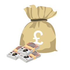 Pound Sterling Vector Illustration. United Kingdom, Guernsey, Isle of Man, Jersey money set bundle banknotes. Money bag  10 GBP. Flat style. Isolated on white background. Simple minimal design.