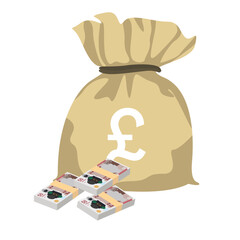Pound Sterling Vector Illustration. United Kingdom, Guernsey, Isle of Man, Jersey money set bundle banknotes. Money bag  50 GBP. Flat style. Isolated on white background. Simple minimal design.