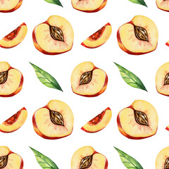 Seamless pattern with watercolor hlves of peaches and leaves on white background