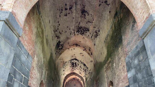 The ancient Baro Shona Masjid or Baroduari Masjid mosque in the village of Gour, West Bengal, India, features arches in its arcaded corridors and interiors.