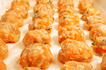 meatballs meat balls with rice, carrots and herbs