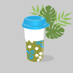 Vacuum flask with cute floral design on the grey background. Vector illustration.