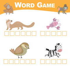 Word game sheet. Complete the words. Animals Theme Names Worksheet. Educational activity for preschool kids. Vector illustration.