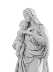 Virgin Mary and child Christ in her arms statue isolated on white background with clipping path. Madonna with baby sculpture - obrazy, fototapety, plakaty