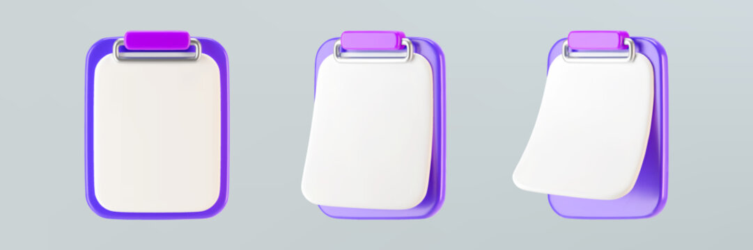 3d purple clipboard icons with blank sheet of paper isolated on gray background. Render clipboard with 3d document for notes, contracts, schedule, work planning. 3d cartoon simple vector illustration.