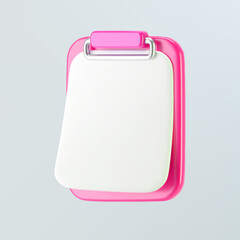 3d pink clipboard icon with blank sheet of paper isolated on gray background. Render of clipboard with 3d document for notes, contracts, schedule, work planning. 3d cartoon simple vector illustration