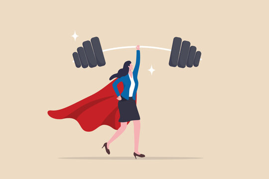 Woman strength powerful superhero, lady leadership or success female leader, pride, ambition, effort or business champion concept, confidence powerful businesswoman superhero lifting heavy weight.