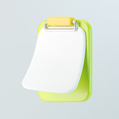 3d green clipboard icon with blank sheet of paper isolated on gray background. Render of clipboard with 3d document for notes, contracts, schedule, work planning. 3d cartoon simple vector illustration