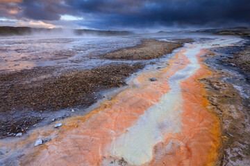 Amazing nature wonder in Hveravellir./ Volcanic hot water spring in beautiful central Iceland
