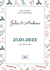 A card with a winter design for a wedding invitation. Save the date text. Vector botanical background in a gentle hand-drawn style.