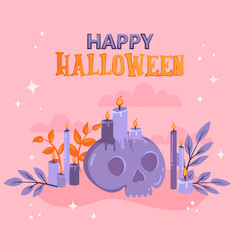 Halloween background.  Pink Happy Halloween holiday greeting postcard. Skull, candles and twigs with leaves for your postcard, poster, or stickers