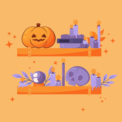 Halloween background or card. Cute Halloween pumpkin, Magic witch books, Crystal Bal, cauldron, scull and candles for your postcard, poster, banner or stickers.	