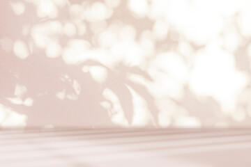 Shadow studio showcase for product presentation. Pink shadows sunshine and leaf reflection on...