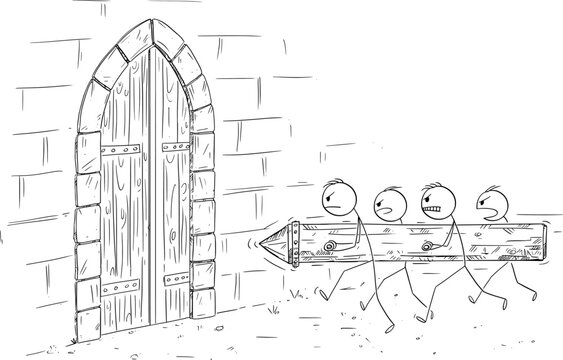 Battering Ram Attacking Castle Gate, Vector Cartoon Stick Figure Illustration