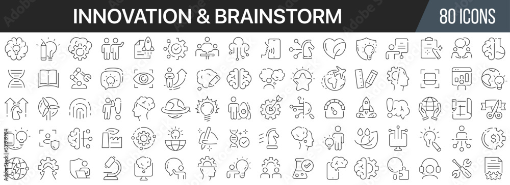 Aufkleber innovation and brainstorm line icons collection. big ui icon set in a flat design. thin outline icon