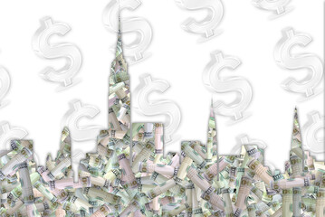 Outline of a big city with rolled dollar banknotes on a white background with a dollar sign. Finance concept