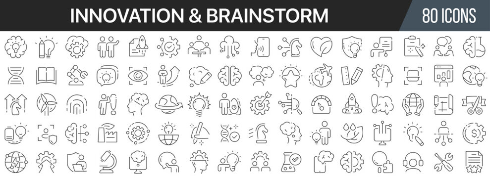 Innovation and brainstorm line icons collection. Big UI icon set in a flat design. Thin outline icons pack. Vector illustration EPS10