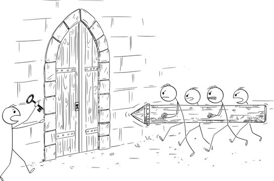 Group of Person Attacking Gate with Battering Ram but There is Key, Vector Cartoon Stick Figure Illustration