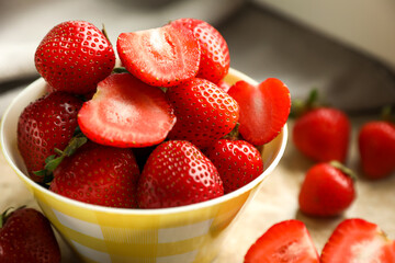 Fresh juicy strawberries on table, closeup view