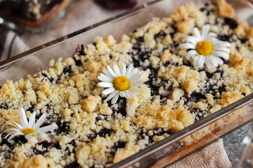 Blueberry pie. Delicious pie on a concrete table