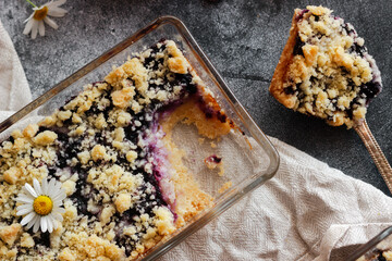 Blueberry pie. Delicious pie on a concrete table