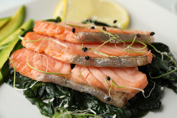 Tasty freshly cooked salmon with spinach, closeup