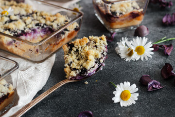 Blueberry pie. Delicious pie on a concrete table