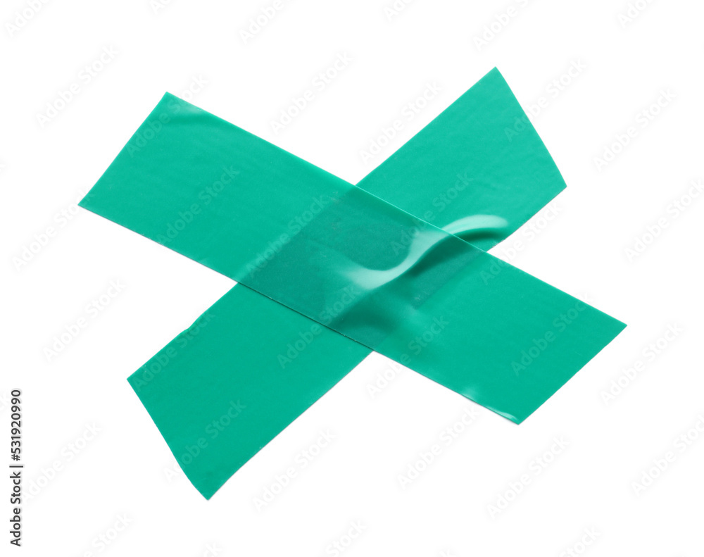 Sticker Cross of turquoise insulating tape isolated on white, top view