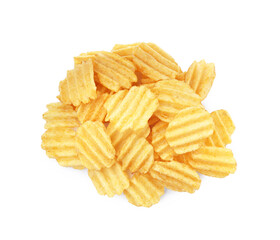 Heap of tasty ridged potato chips on white background, top view